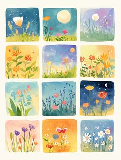 nine watercolor paintings of flowers and grass with the moon in the sky above them