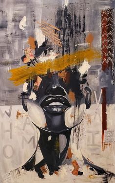 an abstract painting with black, white and yellow colors on it's face is shown