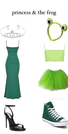 the princess and the frog costume is green with black shoes, high - heeled converse sneakers