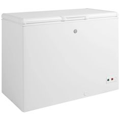 a white chest freezer on a white background