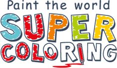 the words super coloring are painted in different colors