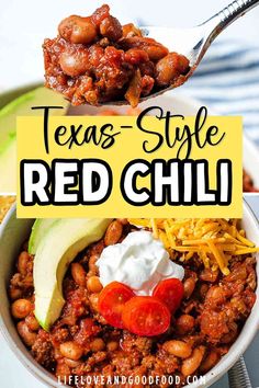 two bowls filled with chili, beans and avocado on top of each other