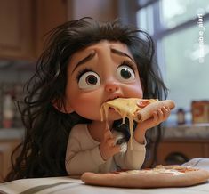 a woman eating a slice of pizza on top of a table with eyes wide open