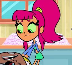 a cartoon girl with pink hair and green eyes holding a frying pan in her hand