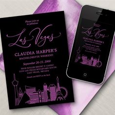 an image of a cell phone next to a purple and black wedding card with the las vegas skyline on it