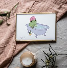 an image of a frog in a bathtub with soap and flowers on the side