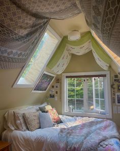 a bed sitting under a window in a bedroom