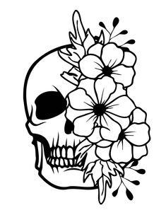 a skull with flowers on it's head is shown in black and white ink