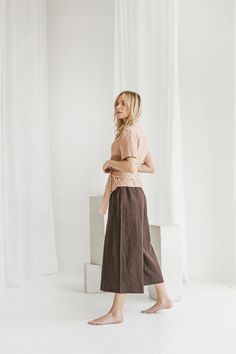 Linen Wrap Blouse. Short Sleeve Top in Dusty Peach Color. Soft - Etsy Casual Linen Wrap Top, Casual Linen Wrap Top For Summer, Beige Linen Short Sleeve Blouse, Casual Short Sleeve Wrap Top, Linen Wrap Top, Loose Linen Pants, Long Linen Skirt, Wide Leg Culottes, Dark Chocolate Color