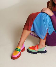 Adam Multi-Color Leather Platform Loafers, Multicolored Pink and Green Womens Shoe Inspiration, Charlotte Stone Shoes, Women Sandals 2024, Funky Loafers, Colorful Loafers, Eclectic Shoes, Painted Leather Shoes, Different Color Shoes, How To Style Loafers