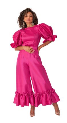 For Her NYC 82170 1 piece Pant Colors: Black, Fuchsia, Off White Sizes: S, M, L, XL, 1X, 2X Chic Pink Ruffled Pants, Pink Ruffled Bottoms For Fall, Diva Den, Timeless Dress, Diva, Shirts Tops, 1 Piece, Jade, Off White