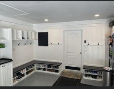 a kitchen with white cabinets and black counter tops on either side of the pantry area