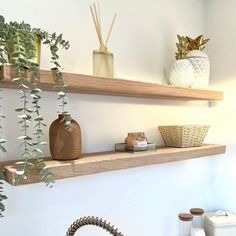 two wooden shelves with vases and plants on them, one is holding a wicker basket