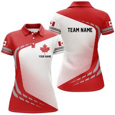 a women's red and white polo shirt with the canadian flag on the chest