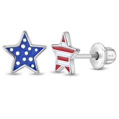 Adorned with the vibrant enamel colors of the American flag, these charming star-shaped earrings are a fun accessory for the 4th of July or any patriotic occasion. Expertly crafted from hypoallergenic 925 sterling silver, they ensure both durability and comfort for sensitive ears. The safety screw back closures provide a secure fit, making them ideal for active children. These earrings combine style with safety, allowing kids to showcase their patriotic spirit with confidence. These fun enamel f Blue Patriotic Earrings For Independence Day, Patriotic Red Star-shaped Earrings, Patriotic Blue Earrings For Independence Day, Patriotic Multicolor Earrings For Independence Day, Patriotic Red Star Earrings, Patriotic Earrings For 4th Of July Gift, Patriotic Blue Star Jewelry, Patriotic Blue Star Shaped Jewelry, Patriotic Blue Star-shaped Jewelry