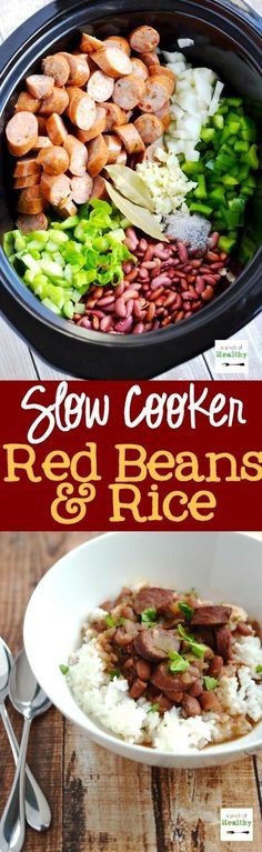 slow cooker red beans and rice with broccoli in the bowl on wooden table