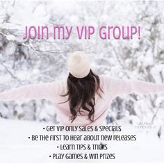 a woman standing in the snow with her arms spread out and text join my vip group