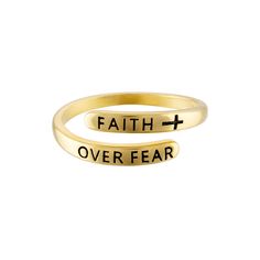 The adjustable Faith Over Fear ring is plated with yellow 18 karat gold Elevated Faith Rings, Cute Rings Elevated Faith, Purity Ring Christian Gold, Faith Over Fear Necklace, Faith Ringgold, Be Not Dismayed, Christian Hats, Symbols Of Strength, Faith Over Fear