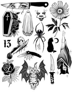 various halloween tattoos on white paper with black and white ink, including bats, roses, flowers