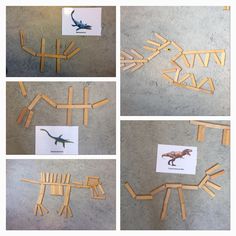 four pictures of different types of wooden sticks with dinosaurs on them, including one dinosaur