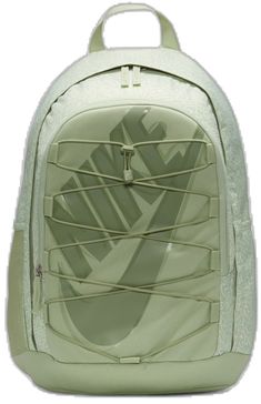 the nike backpack is light green and has laces on it