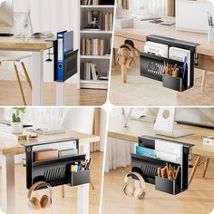 four different views of a computer desk with various items in the drawer and on the shelf