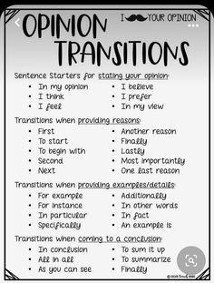 the opinion transition chart for students to use in their own writing process, which includes instructions and