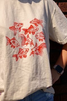 Art Graphic Tees, Linocut Print Clothing, Screen Printed T Shirt, Orange Clothes Aesthetic, Fish Emoji, Light Summer Outfits, Orange Outfit Ideas, Orange Clothes, Orange Outfit