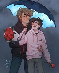 two people standing under an umbrella in the rain, one holding a bouquet of flowers