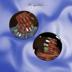 two circular mirrors with manicures on them in front of a blue background that has wavy waves