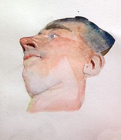 a watercolor painting of a man's head with a blue hat on top