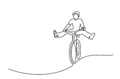 a single line drawing of a man riding a bike on a hill with his feet in the air