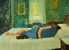 a painting of a person laying on a bed with a cat in the foreground