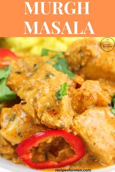 the recipe for murgh masala is shown on a white plate with red peppers