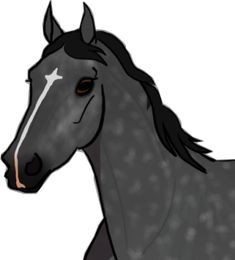 a drawing of a black horse with white spots on it's face and tail