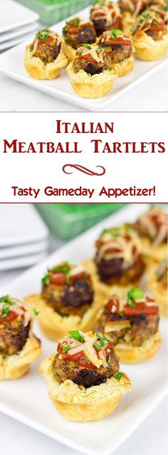 mini meatball tartles on a white plate with text overlay that reads, italian meatball tartles tasty gameday appetizer