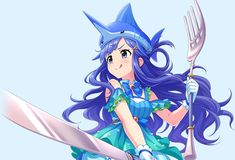 an anime character holding a knife and fork in her hand with long purple hair, wearing a blue dress