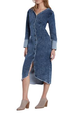 Tried-and-true denim gets an alluring update as this shapely midi dress flaunting lightly washed cuffs and distressed edges. 36" length V-neck Long sleeves Unlined 96% cotton, 3% polyester, 1% spandex Machine wash, tumble dry Imported Fitted Long Sleeve Denim Dress With Frayed Hem, Chic Denim Midi Dress With Button Closure, Chic Denim Midi Dress, Medium Wash Denim Midi Dress With Button Closure, Denim Blue Midi Length Denim Dress, Denim Knee-length Midi Dress With Button Closure, Denim Midi Dress With Button Closure, Knee-length Washed Denim Blue Dress, Trendy Fitted Denim Dress With Frayed Hem