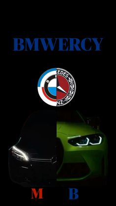 the bmw logo is shown in three different colors and font, with an image of a car