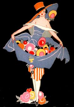 a woman in a blue dress and orange hat is standing with flowers on her feet