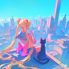 a woman sitting on top of a building next to a black cat with long blonde hair