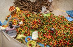 a woman standing in front of a pile of fruit and vegetables next to bags filled with them