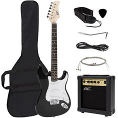 an electric guitar, amp and accessories are shown