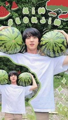 two young men holding watermelon slices in front of their faces with the same image on them