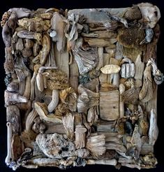 an art piece made out of wood and shells