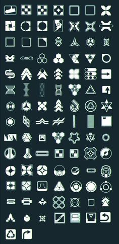 a large collection of white and black icons on a dark background, all in different styles