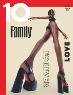 a magazine cover with a woman in high heels on top of her legs and the words family