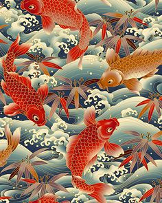 an artistic painting of goldfish in the ocean with waves and bubbles on black background