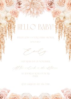 an elegant floral baby shower is shown with pink roses and greenery on the border