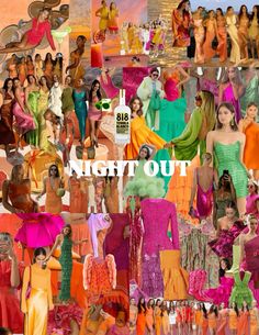 a collage of women's fashions in different colors and sizes, with the words night out above them